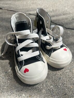 Converse Toddler Black High-Top Sneakers with White Laces and Red Heart